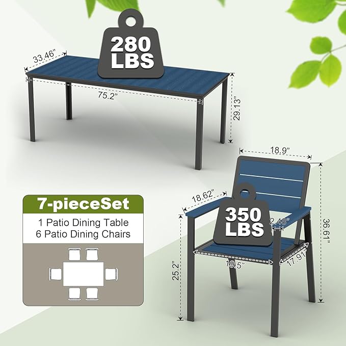 7-Piece Patio Dining Set with 11 FT Curvy Cantilever Umbrella, HDPE Tabletop & Aluminum Frame All-Weather Outdoor Furniture for Garden, Backyard, Poolside, Navy