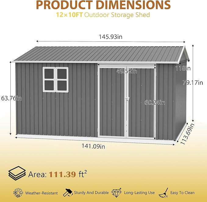 10X12 FT Outdoor Storage Shed Heavy-Duty Metal Sheds & Outdoor Storage with Floor Frame, Rustic Style Window and Lockable Doors Bright and Spacious Tool Sheds for Backyard Garden Patio Lawn, Gray