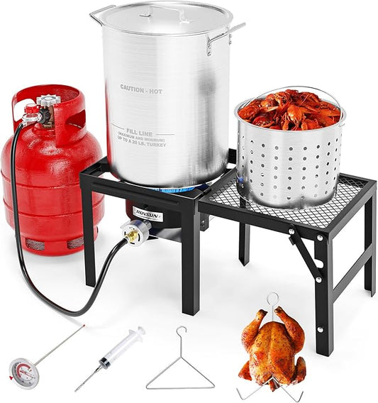 ROVSUN 30QT Turkey Fryer with 54000BTU Propane Gas Stove, Outdoor Aluminum Deep Fryer & Seafood Boiler for Crawfish crab Boiling with Lifting Hook, Turkey Rack, Basket, Marinade Injector, Thermometer