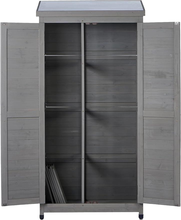 Stylish Grey & Solid Wood Outdoor Storage Shed – Durable Metal Top Vertical Tool Cabinet Ideal for Backyard, Garden, and Patio Organization
