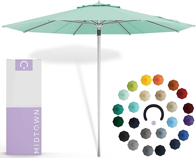 Midtown Umbrellas Push Pop Sunbrella Umbrella 8 Feet Outdoor Umbrella in Canvas Glacier Acrylic Fabric - Patio, Backyard, Garden, Picnic Table & Pool - Black Pole