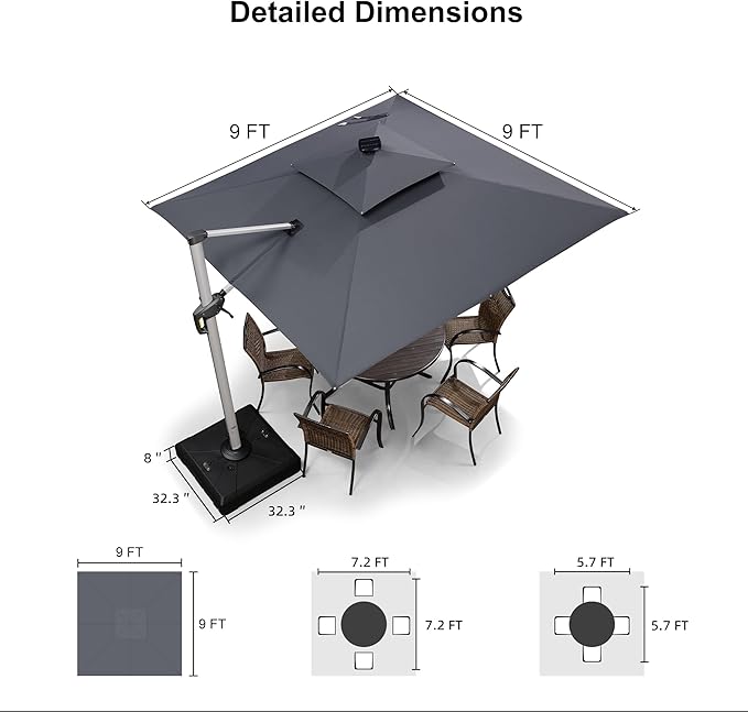 PURPLE LEAF 9 Feet Solar Powered LED Square Cantilever Umbrella With Base Patio Umbrellas Windproof Hanging Outdoor Umbrella Offset Umbrellas, Grey