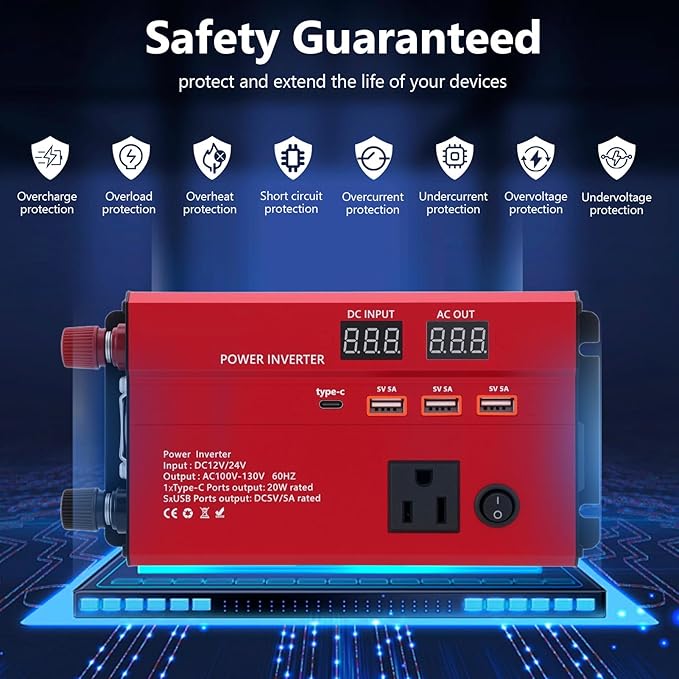 600W Car Power Inverter, 12V/24V Car Plug Adapter Outlet Converter with 1 Type C Port, 3 USB Ports, Dual AC Outlets for Cars Trucks US Plug (Red)