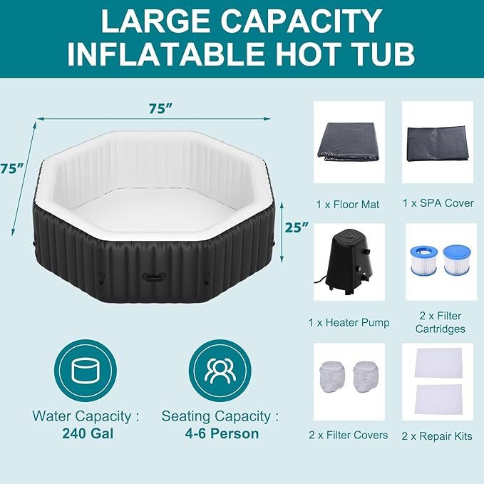75" X 75" X 25" Hottub, 4-6 Person Inflatable Hot Tub, Portable Blow Up Hot Tub Octagonal Portable Outdoor Spa with 130 Bubble Jets and Heater Pump, Filter