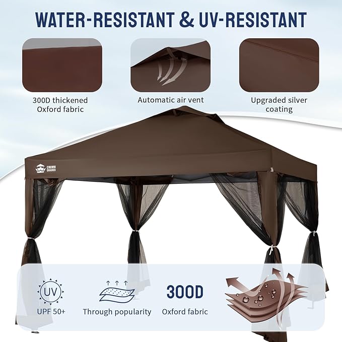 CROWN SHADES Gazebo 10x10, Pop Up Gazebo with Mosquito Netting, Screen Tent with 4 Ropes, 8 Stakes, 4 Sandbags and Wheeled Storage Bag, Canopy for Patio & Backyard, Coffee