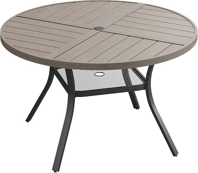 VICLLAX Outdoor Patio Round Dining Table, 40.6"x 40.6" Spliced Metal Tabletop with Storage Shelf for Deck Lawn Garden Backyard, Antique Grey