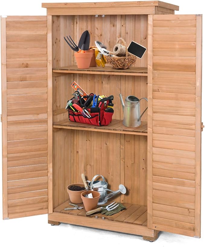 S AFSTAR Outdoor Storage Shed, Wooden Tool Storage Shed w/Detachable Shelves & Pitch Roof & Shutter Vents, Garden Storage Cabinet for Backyard Patio Deck Porch, 34.5”L x 18.5”W x 63”H, Natural
