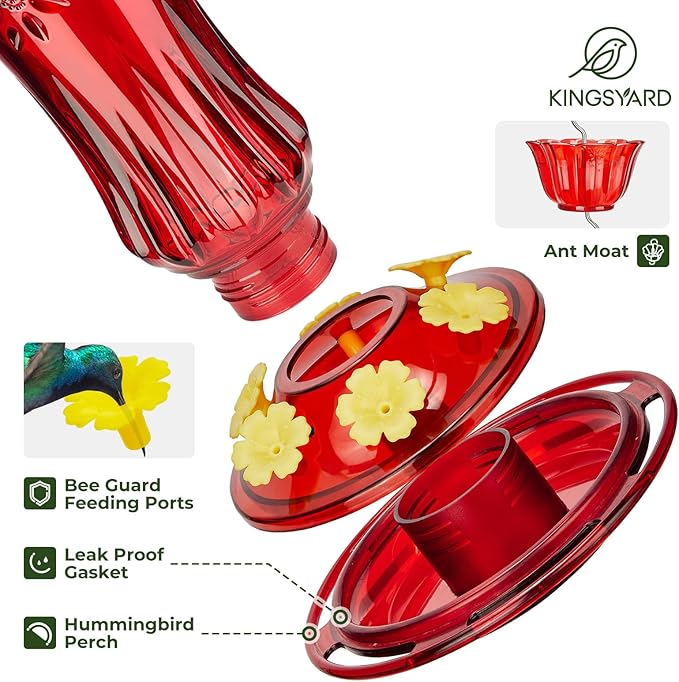 Kingsyard Glass Hummingbird Feeders for Outdoors Hanging, Hummingbird Nectar Feeder with Ant Moat & 6 Bee Guard Feeding Ports, 25 Ounces Leak Proof (Red)