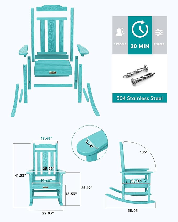 SERWALL Outdoor Rocking Chair Aruba Set of 8, All Weather Patio Rocking Chair, HDPE Poly Rocking Chair for Adults, Heavy Duty Front Porch Rocker