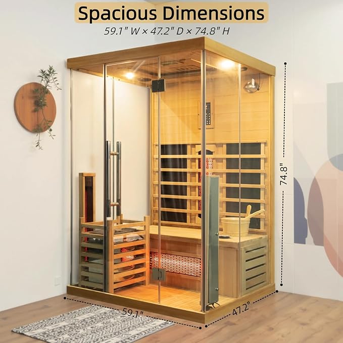 ZONEMEL Hybrid Wooden Sauna for 2-3 Person, Far Infrared & Steam Dual-System, 2100W 220V, 3.5KW Heater, 6 Heating Elements and Sauna Stove, 8mm Tempered Glass, Oxygen Bar, 7-Color Lights