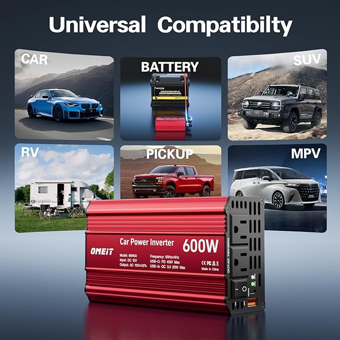 600W Car Power Inverter, 12V DC to 110V AC Converter with 2 AC Outlets, 45W PD USB-C & 20W QC3.0 USB-A Fast Charging Ports, Car Plug Adapter for Laptop, Phone, Road Trip