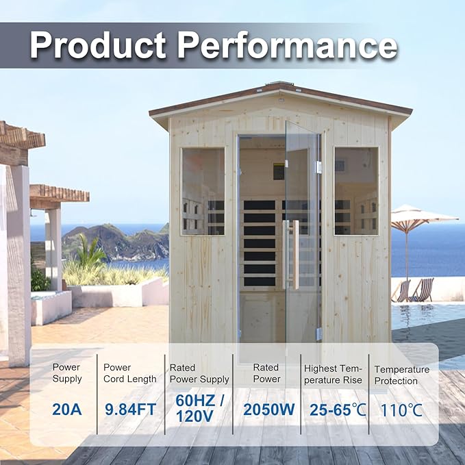 Outdoor Infrared Sauna 4 Person, Spruce Wooden Large Sauna 2600W 240V Heaters Panels With Lcd Display Control Multi Color Light Strip Bluetooth Speaker Oxygen Bar(59.06*47.24*81.89 inch Spruce)