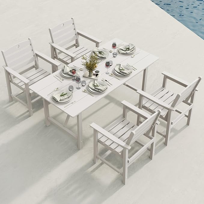 Patio Table and Chairs Set with Umbrella Hole, HDPE Patio Dining Set for 4, Outdoor Dining Set for Lawn, Patio, Porch, Deck, Poolside, Yard (White, 5-Piece)