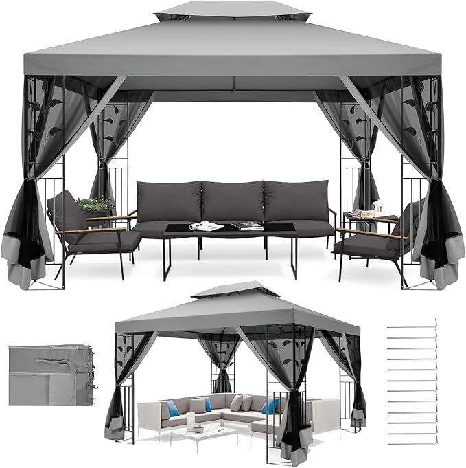 COBIZI Gazebo 10x13 Heavy Duty Gazebos with Improved Nettings Outdoor Gazebo Double Roof Patio Gazebos with Metal Steel Frame Outdoor Canopy for Patio,Garden, Backyard (Gray)