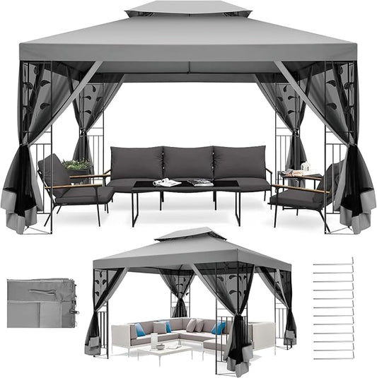 COBIZI Gazebo 10x13 Heavy Duty Gazebos with Improved Nettings Outdoor Gazebo Double Roof Patio Gazebos with Metal Steel Frame Outdoor Canopy for Patio,Garden, Backyard (Gray)