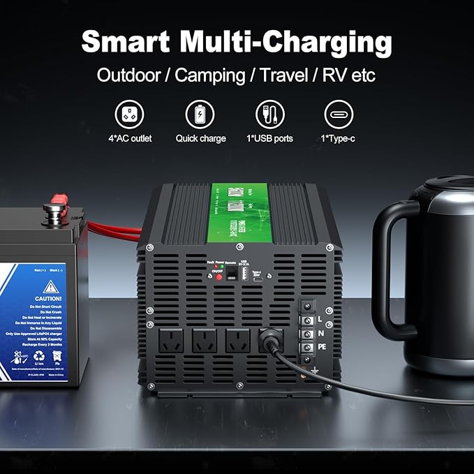 5600W Power Inverter,Peak Power 11200W 12V DC to AC 110120V,Remote Control with 4AC Outlets and3.1USB Port,LCDDisplay