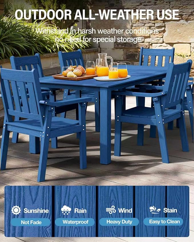 YEFU HIPS Patio Table Set: 7 Piece Outdoor Table and Chairs Dining Furniture Set with Umbrella Hole - Blue Modern Plastic Dining Sets 6 Person for Outside Deck with Metal Aluminum Frame