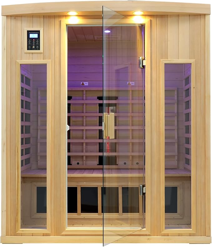 3 Person Infrared Sauna, Ceramic Infrared Sauna 3 Person, Far Infrared Saunas for Home, Low EMF Infrared Indoor Sauna, Hemlock Wooded Sauna Room, Bluetooth Speakers, Chromotherapy Lights