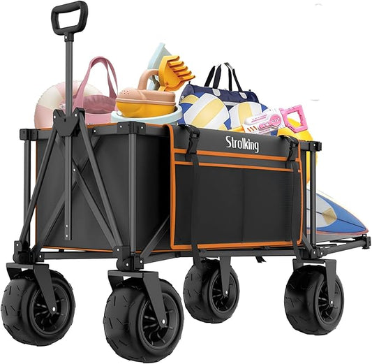 51" L Beach Wagon with 9" Sand Wheels,260L Collapsible Beach Cart with Rear Tailgate,Heavy Duty Wagon for Sand, Camping, Fishing and Sport,Black