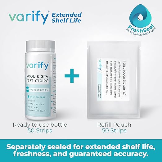 Varify 7 in 1 Pool and Spa Test Strips- Easy to Use Water Testing Kit for Pool, Spa, Hot Tub & More - Tester Strip for Water Hardness, Chlorine, Bromine, pH, Alkalinity and Cyanuric Acid (100 Strips)