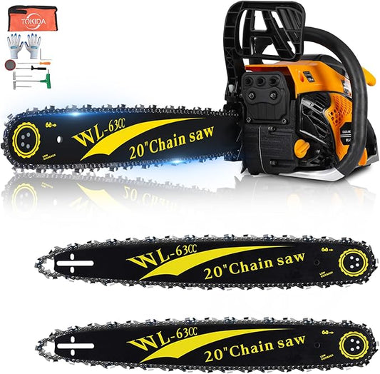 63cc Gas Powered Chainsaw 20 Inch, 3.2KW 2-Stroke Engine, Heavy Duty Gas Chain Saw with 2 Chains & 2 Bars, Automatic Oiler, Anti-Vibration Handle for Logging, Firewood & Tree Cutting