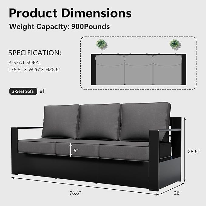 Outdoor Patio Furniture Aluminum Patio Sofa, All-Weather Metal Outdoor Couch with 6 Inch Thick Cushions for Garden, Outside and Porch (Grey, 1 PCS/Sofa)
