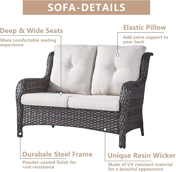 HUMMUH Outdoor Loveseat Sofa 2-Seat PE Rattan Patio Love Seat with Cushions,Deep Seat High Curved Back Armset Sectional Couch for Patio,Garden,Yard,Porch