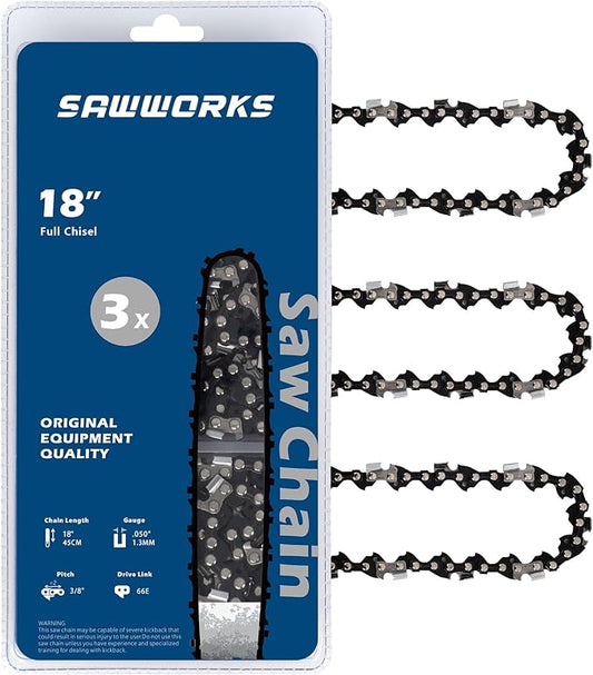 3-Pack 18 Inch Chainsaw Chain 3/8" Pitch .050" Gauge 66 Drive Links for 33RS-66 Stihl, Echo, Homelite and More