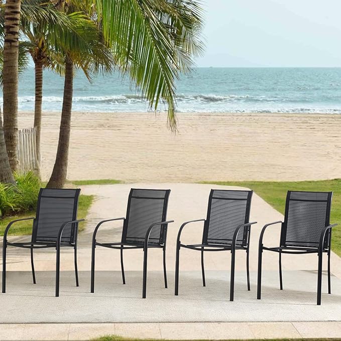 Outdoor Dining Chairs Set of 8, Stackable Patio Chairs with Textilene Fabric, Lightweight Garden Chairs for Poolside, Backyard, Camping, Black
