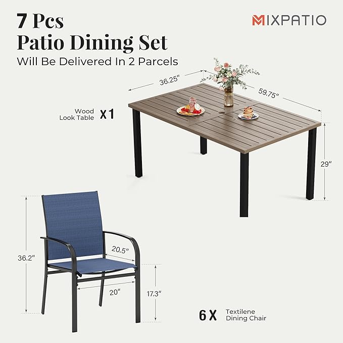 Patio Table and Chairs Set, Outdoor Dining Set for 6 with Blue Chairs and Teak Color Tabletop Outdoor Dining Table, 7-Piece Patio Furniture Set for Deck Backyard Lawn