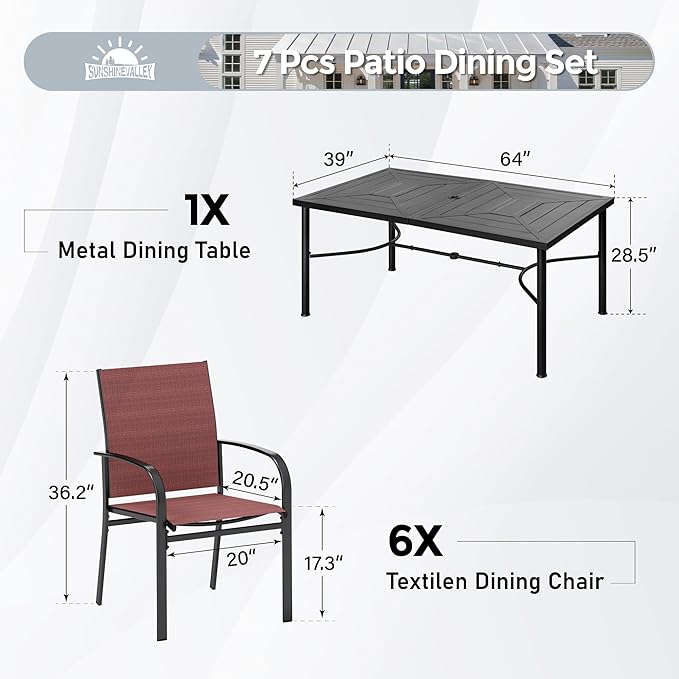 7 Pcs Patio Dining Set for 6, Rectangular Metal Dining Table with Umbrella Hole and 6 Chairs, Outdoor Table and Chairs Set for Lawn Garden Backyard and Deck, Red
