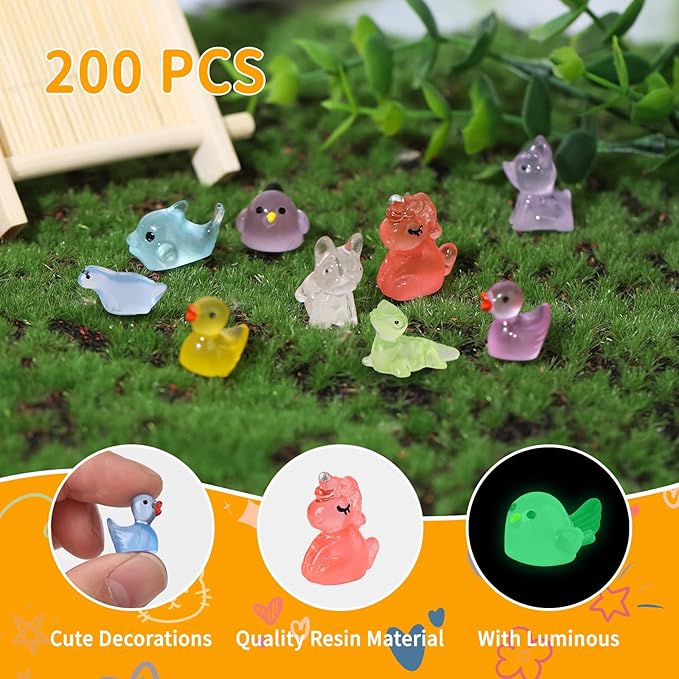 200 Pcs Tiny Resin Animals to Hide, Mini Luminous Resin Animals Bulk for Miniature Fairy Garden Accessories Micro Landscape Aquarium Cake Potted Plants Dollhouse Moss Patio Home Decor Crafts