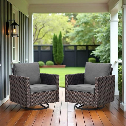 Luxury Outdoor Swivel Rocker Patio Chairs Set of 2, Swivel Patio Chairs for Porch, Yard, Deck, Poolside, Brown/Grey