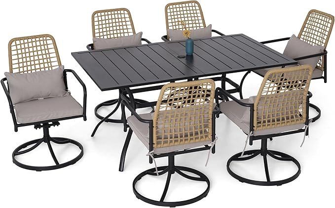 7 Pieces Outdoor Patio Rattan Swivel Chairs and 63"x38" Rectangle Table Set with Cushions
