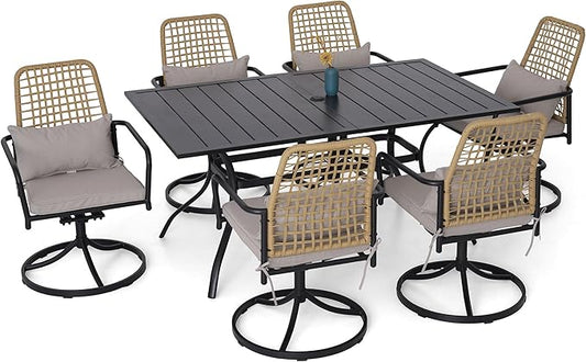 7 Pieces Outdoor Patio Rattan Swivel Chairs and 63"x38" Rectangle Table Set with Cushions