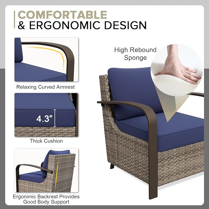 COOS BAY Aurora Terrace Outdoor Chairs with Cushions, Wicker Dining Set with Deep 4-Inch Seating, Modern Curved Armrest Porch Chairs, Set of 2, Beige/Blue