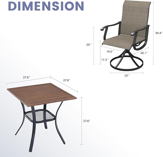 VICLLAX 3 Pieces Outdoor Dining Set, Patio Furniture Set of 2 Patio Swivel Dining Chairs and Small Dining Table with Storage Shelf, Mixed Brown Chairs & Walnut Tabletop