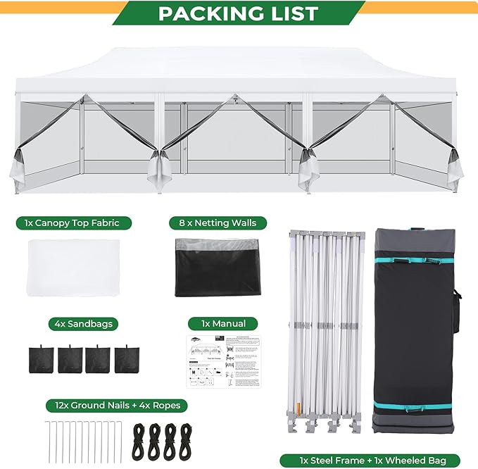 COBIZI 10x30 Heavy Duty Pop Up Canopy with 8 Sidewalls, Commercial Gazebo Party Tent with Mosquito Netting Wall Easy Set Up Outdoor Instant Screen Tent for Backyard, Patio, Garden, White