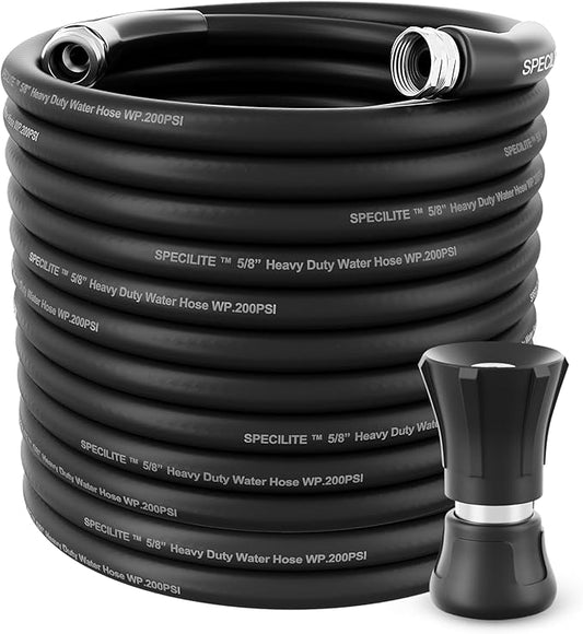 SPECILITE 5/8" Hot/Cold Water Hose 200 ft with High Flow Nozzle,Heavy Duty Flexible Rubber Garden Hose -50℉ to 158℉ With 3/4" Stainless Steel Fittings for Yard, Outdoor, Farm, Lightweight, Black