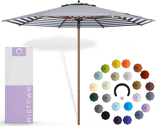 Midtown Umbrellas The Wooden 8 Feet Patio Umbrella With Terylast Navy Stripes (Navy/White Stripes) Polyester Fabric - Aluminum Frame Market Umbrella For Backyard, Deck, Garden, Pool - Wooden Pole