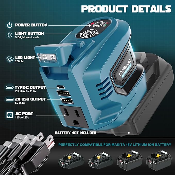 2PCS 200W Power Inverter Compatible with Makita, DC 18V to AC 110-120V Battery Inverter, Portable Battery Adapter Phone Charger Converter with 2 USB & 1 Type-C & 1 AC Outlet (Tool Only)