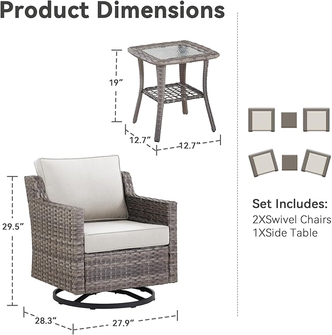 3 Pieces Outdoor Rocking Swivel Chairs with Side Table, Outdoor Furniture Swivel Chair with Comfy Cushions, Conversation Sets for Patio Deck Backyard Poolside