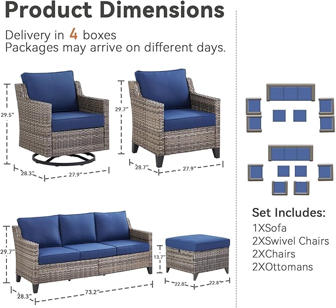 Patio Furniture Set, 7 Pieces Outdoor Wicker Rattan Sofa Couch with Swivel Rocking Chair, Ottomans and Comfy Cushions, All Weather Outdoor Conversation Sets, Suit for Porch Deck