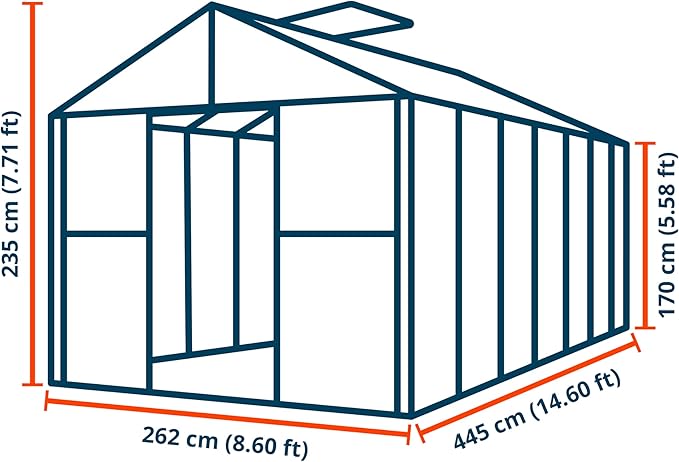 Greenhouse Rubin 7 Aluminum Frame 8.6 x 14.6 ft with Approx. 10 mm Polycarbonate Panels - with 2 Extra Skylights and 4 Automatic Window Openers