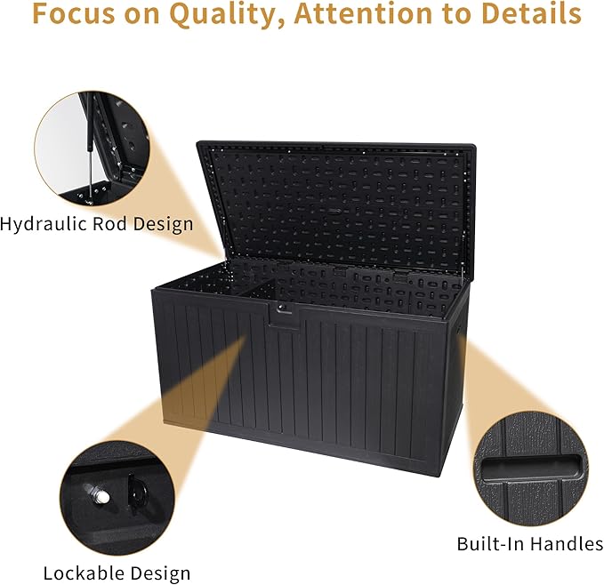 LANTRO JS 320 Gallon Deck Box Waterproof, Resin Outdoor Storage Box Extra Large Lockable with Divider and Lifter Prevent Water Seeping into from Floor for Patio Cushions