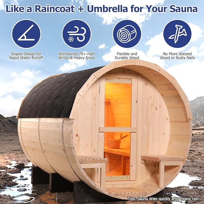 Outdoor Sauna 6-8 Person, Canadian Pinewood Barrel Sauna with Porch, ETL 6KW Toule Heater, Waterproof System, Asphalt Shingles, Rubber Base(0-195℉)