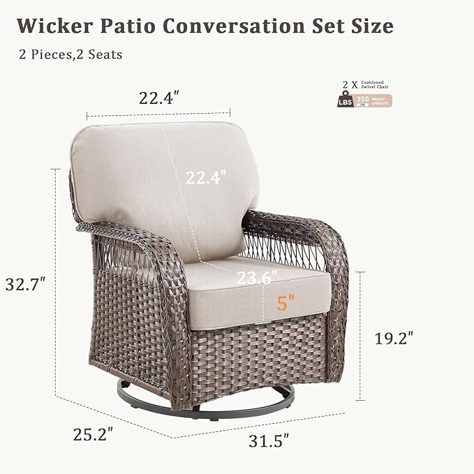 Outdoor Swivel Rocker Chairs - Patio Rocking Chairs Set of 2, Wicker Patio Set with 5" Thick Cushion, Rattan Patio Swivel Rocking Chairs for Porch, Deck, Backyard Beige/Brown