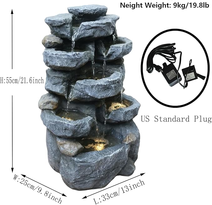 Water Fountain with Lights Outdoor Garden Decor,5-Tier Cascading Rock Waterfall for Indoor Patio Backyard Porch Art Decoration 21.6 Inches