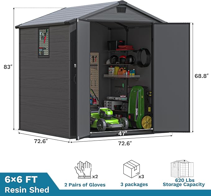 Devoko 6x6 FT Plastic Outdoor Storage Shed - Lockable Resin Tool Shed with Window & Floor - Easy Assembly for Garden, Backyard, Deep Gray