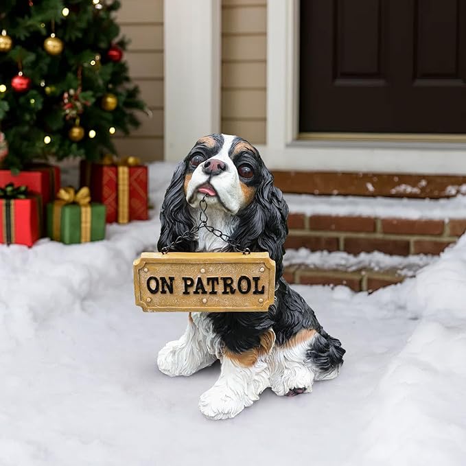 Cavalier King Charles Spaniel Statue Outdoor Decorations – Outdoor Dog Statue Black and White Cavalier King Charles Spaniel with Replaceable Solar Light & Welcome Sign for Lawn Décor